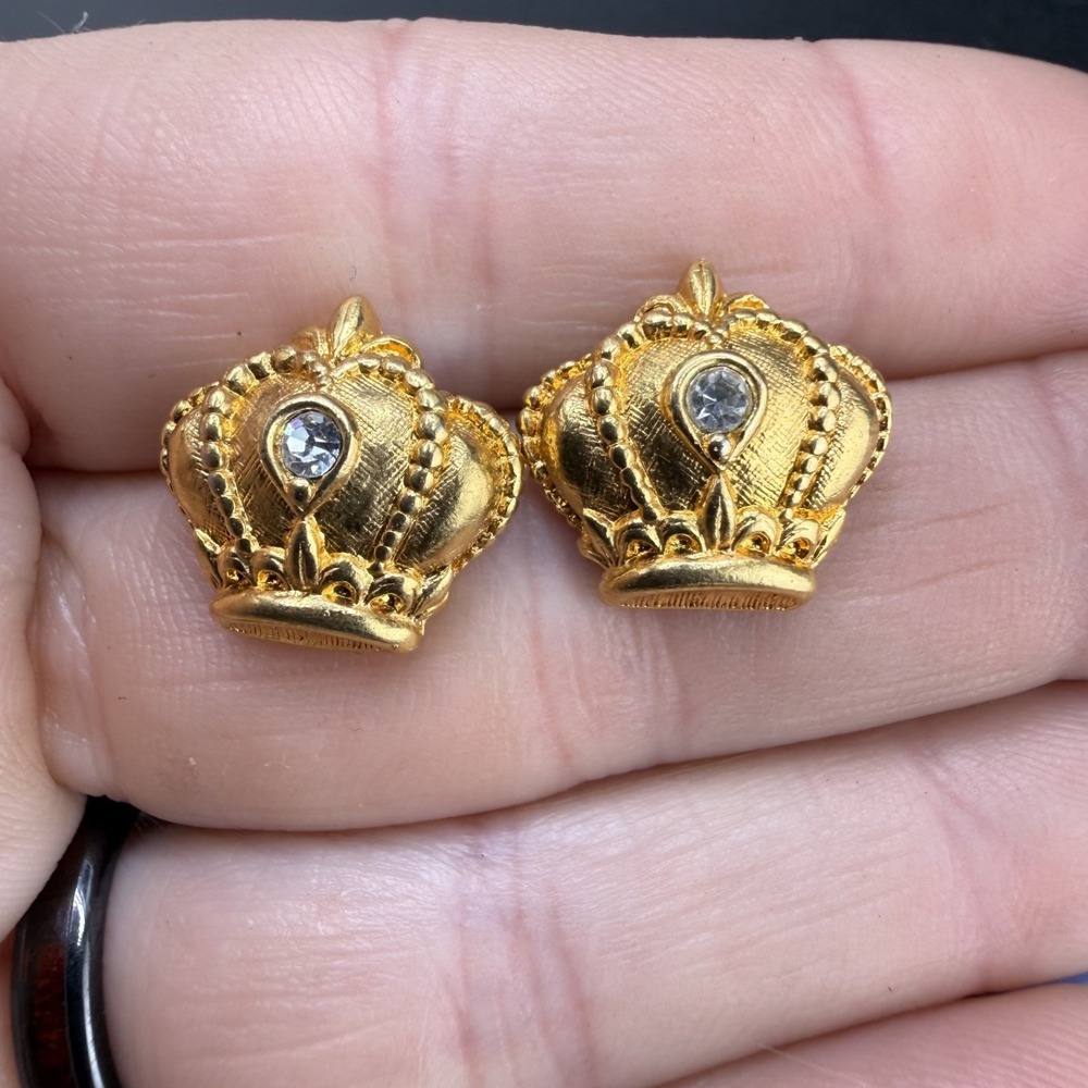 Vintage Pierced Crown Earrings Gold Tone Rhinestone